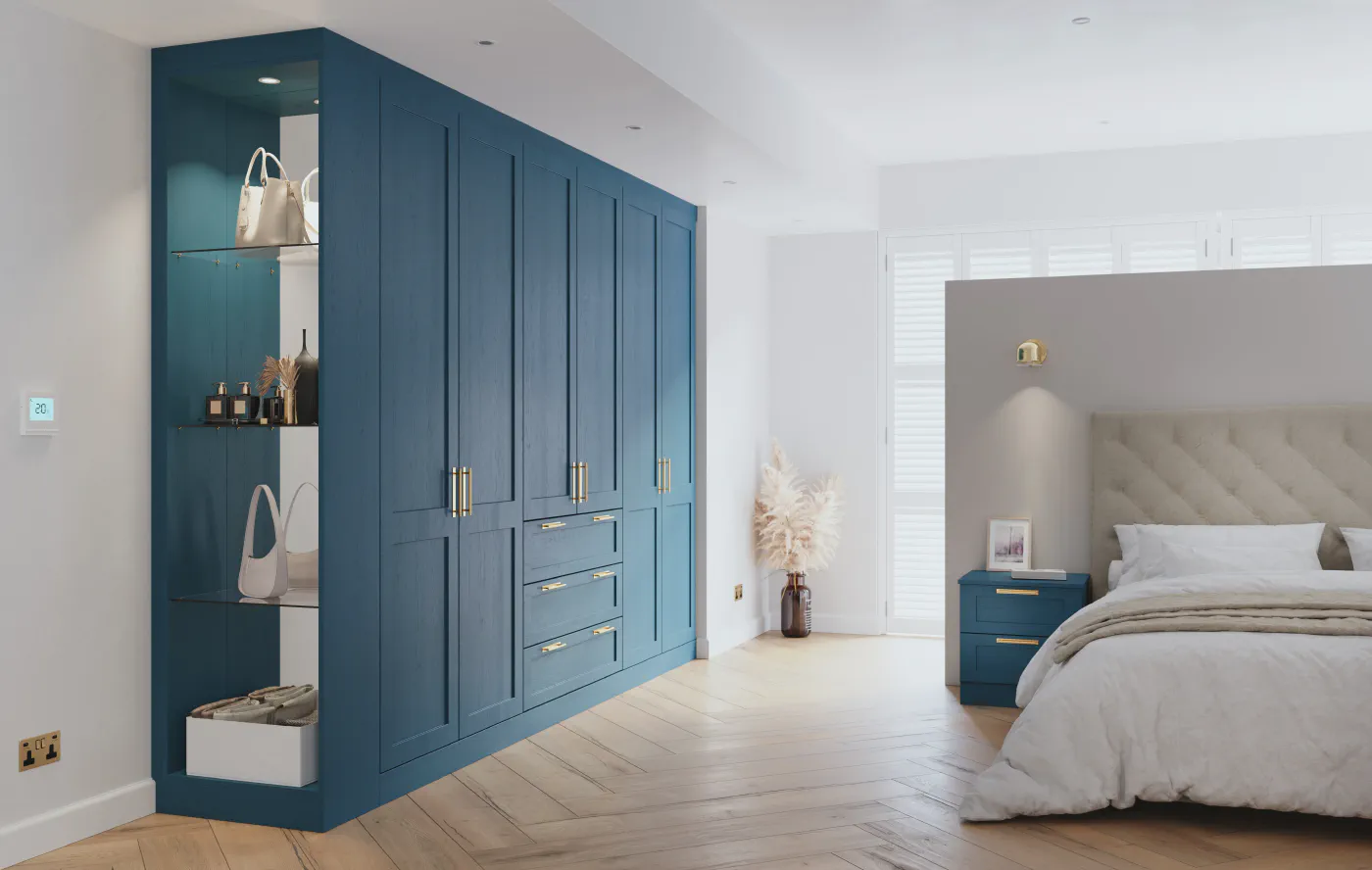 Fitted wardrobes in Parisian blue and oak finish