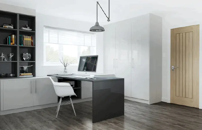 Fitted bedroom range in Glacier high gloss Light Grey and Graphite