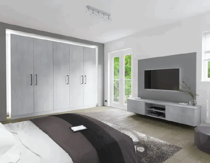 Fitted bedroom range in Glacier melamine faced Boston Concrete