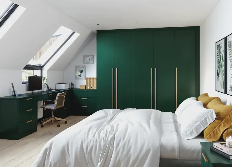 Fitted bedroom range in fir green super-matt finish
