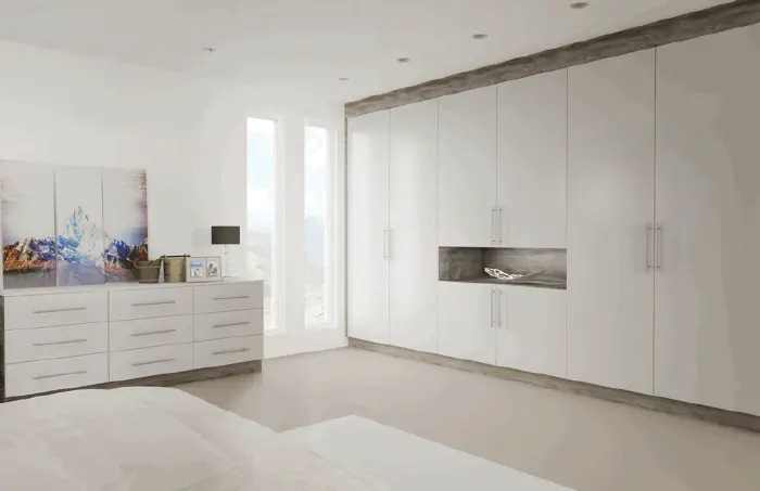 Fitted bedroom range in Glacier super matt Light Grey