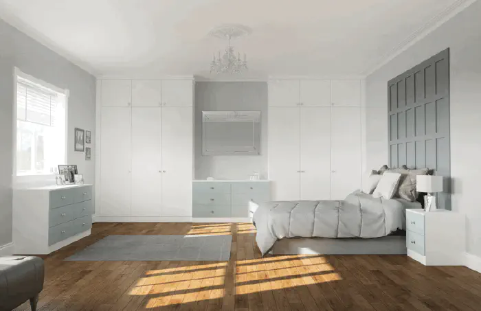 Fitted bedroom range in Glacier super matt White and Fjord