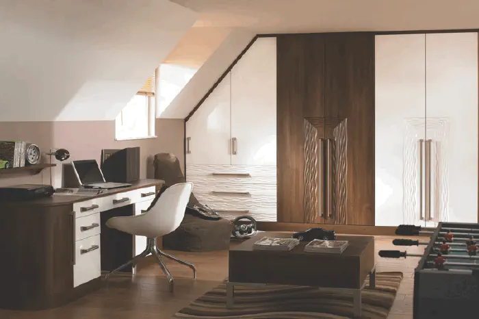 Fitted bedroom range in bella venice high gloss white dark walnut