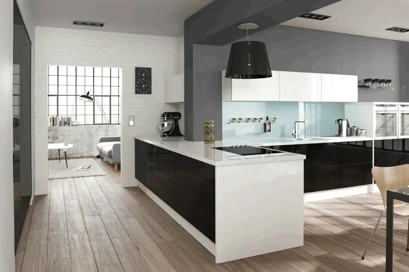 Fitted kitchen range in black and white high gloss