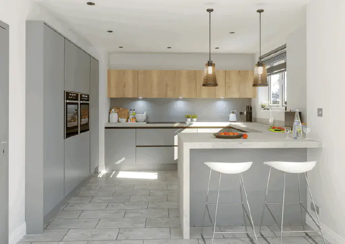 Fitted kitchen range in Glacier Super Matt Dust Grey & Natural Halifax Oak