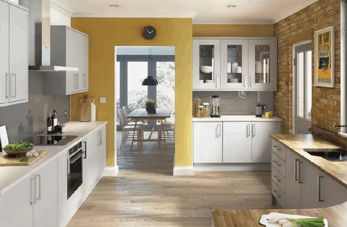Fitted kitchen range in Glacier Super Matt Light Grey
