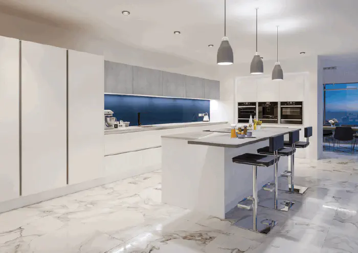 Fitted kitchen range in Glacier Super Matt White & Boston Concrete