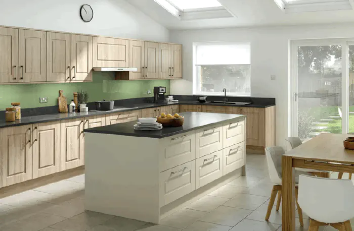 Fitted kitchen range in Kielder Lissa Oak & Pale Cream