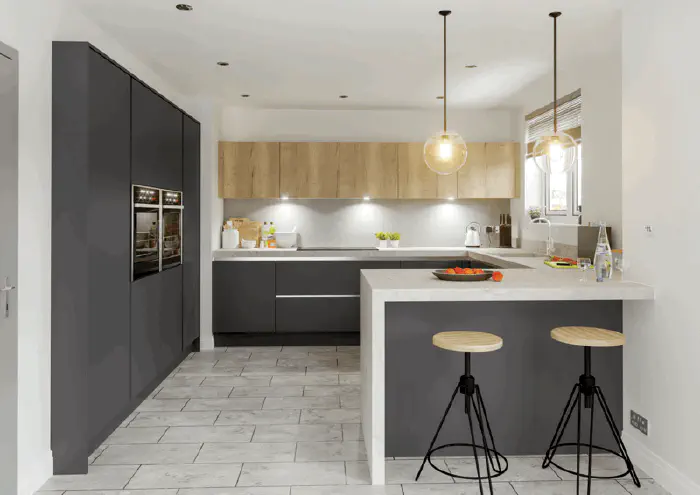 Fitted kitchen range in Glacier Super Matt Graphite & Natural Halifax Oak